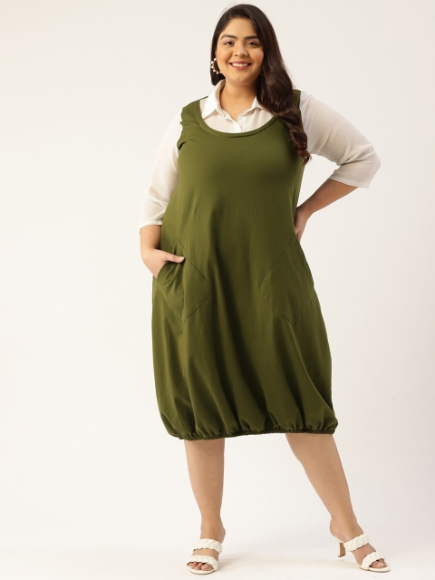 

theRebelinme Olive Green & White Layered Balloon Midi Dress