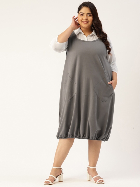 

theRebelinme Plus Size Grey Shirt Collar Balloon Dress