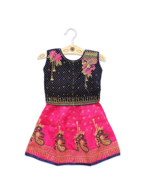 

Born Babies Girls Pink & Navy Blue Embellished Top with Skirt