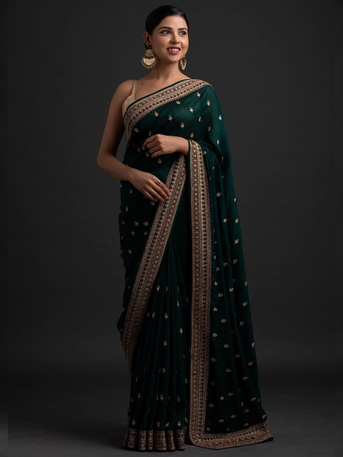 

Mitera Green & Gold-Toned Ethnic Motifs Embroidered Pure Silk Heavy Work Maheshwari Saree