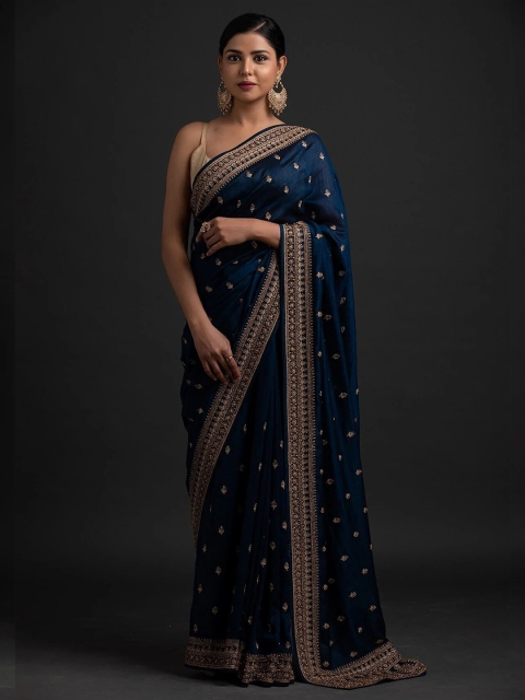 

Mitera Navy Blue & Gold-Toned Ethnic Motifs Pure Silk Heavy Work Maheshwari Saree