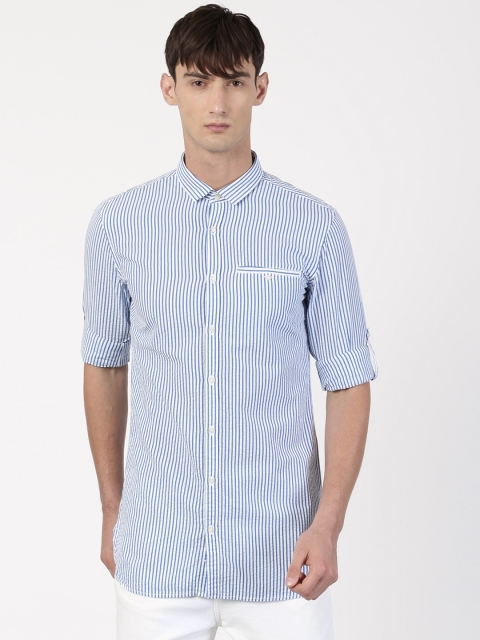 

ether Blue & White Striped Slim Fit Casual Longline Shirt