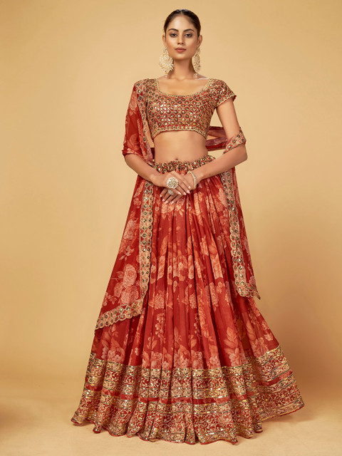 

Cloth's Villa Women Red &Gold-Toned Semi-Stitched Lehenga & Unstitched Blouse With Dupatta