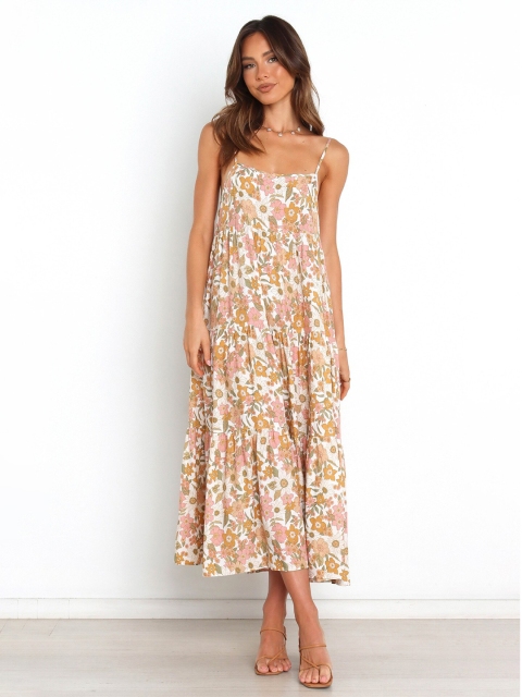 

BoStreet Beige Floral A-Line Maxi Dress