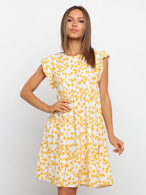 

BoStreet Women Yellow & White Polyester Floral Dress