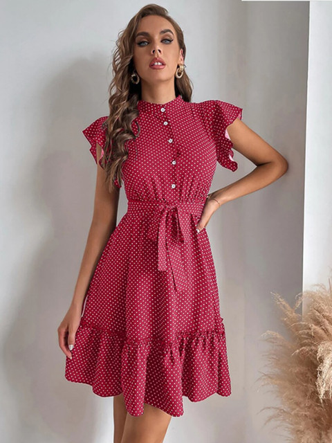 

BoStreet Women Red Fit and Flare Mandarin Collar Dress