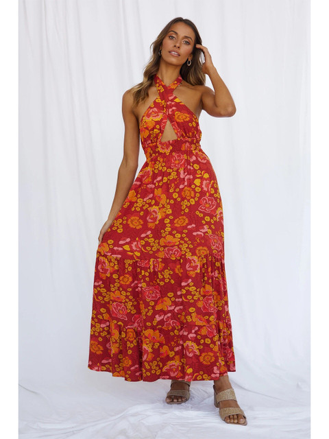 

BoStreet Red Floral Halter Neck Maxi Dress