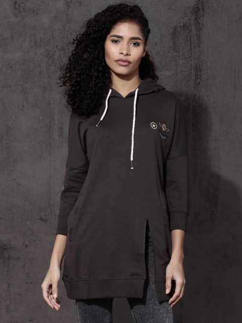 

Roadster Women Charcoal Grey Solid Hooded Sweatshirt