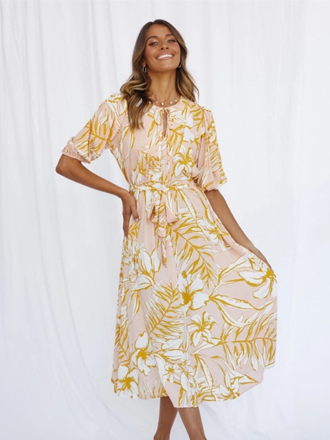 

BoStreet Yellow Floral Tie-Up Neck Midi Dress