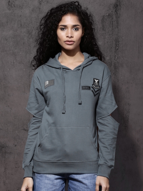 

Roadster Women Blue Solid Hooded Sweatshirt with Slash Sleeves