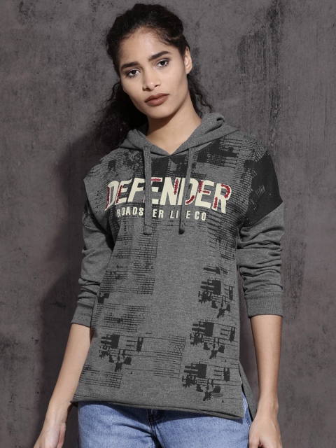 

Roadster Women Charcoal Grey Printed Hooded Sweatshirt