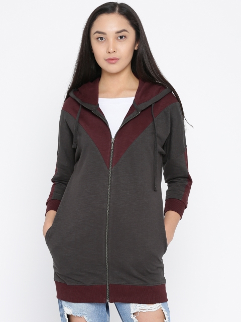 

Roadster Women Burgundy & Brown Colourblocked Hooded Sweatshirt