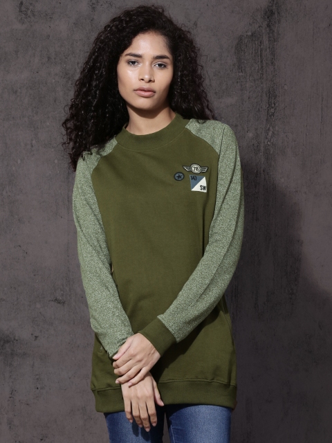

Roadster Women Olive Green Solid Sweatshirt
