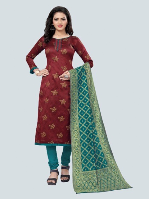 

MORLY Women Maroon & Green Dupion Silk Unstitched Dress Material