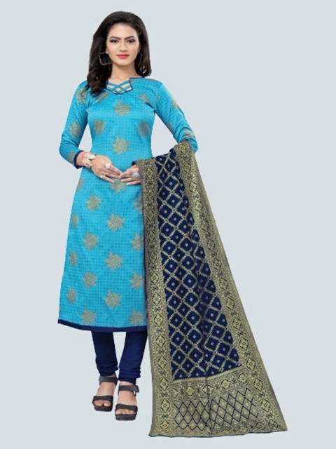 

MORLY Blue & Gold-Toned Dupion Silk Unstitched Dress Material