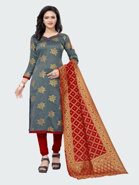 

MORLY Grey & Red Dupion Silk Unstitched Dress Material