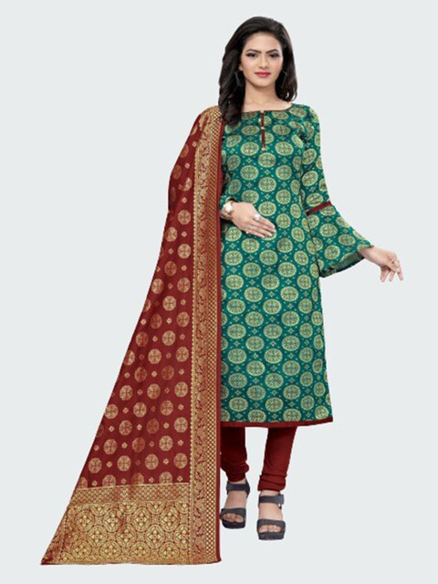 

MORLY Green & Maroon Dupion Silk Unstitched Dress Material