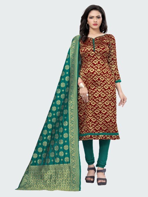 

MORLY Maroon & Green Dupion Silk Unstitched Dress Material