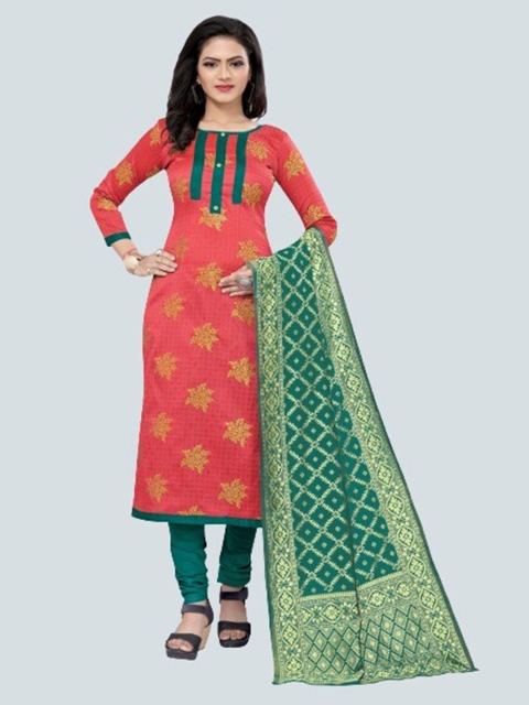 

MORLY Red & Green Dupion Silk Unstitched Dress Material
