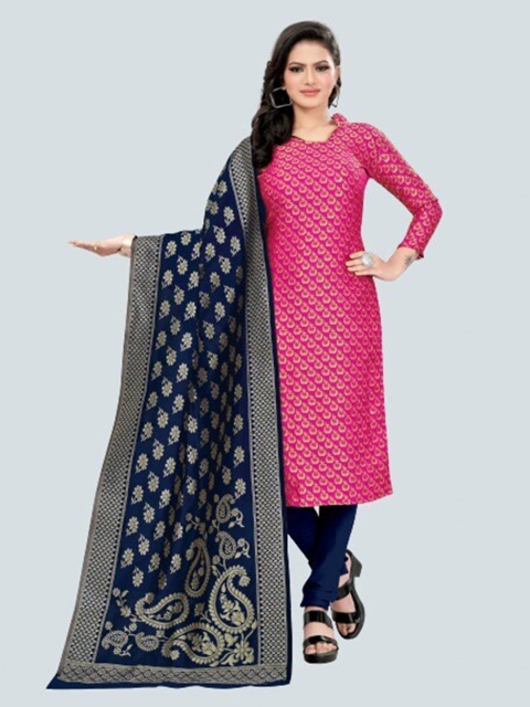 

MORLY Pink & Blue Printed Dupion Silk Unstitched Dress Material