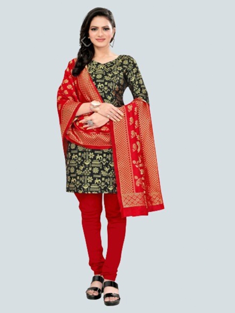 

MORLY Navy Blue & Red Dupion Silk Unstitched Dress Material