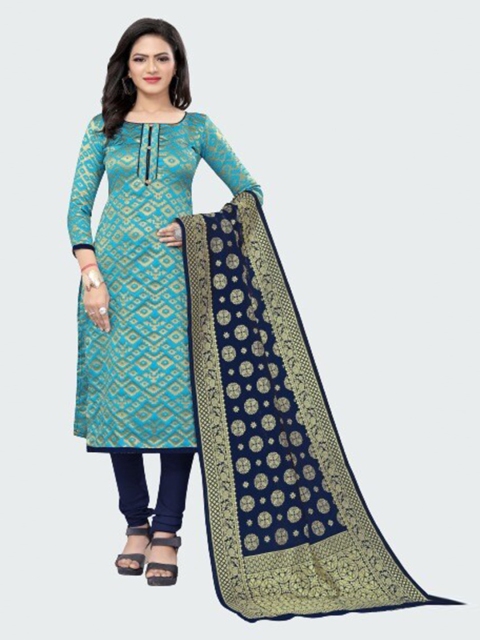 

MORLY Turquoise Blue & Gold-Toned Dupion Silk Unstitched Dress Material