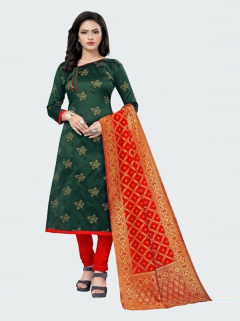 

MORLY Green & Orange Dupion Silk Unstitched Dress Material