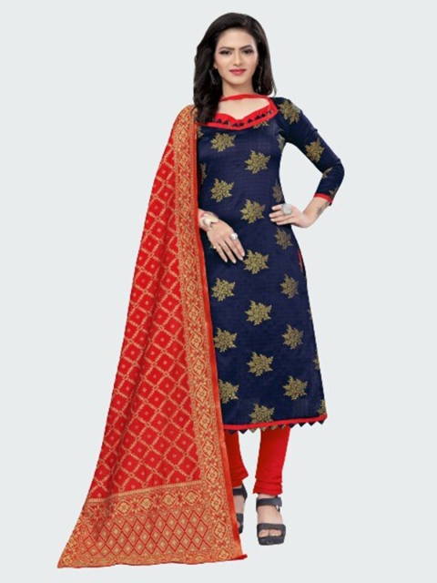 

MORLY Blue & Red Dupion Silk Unstitched Dress Material