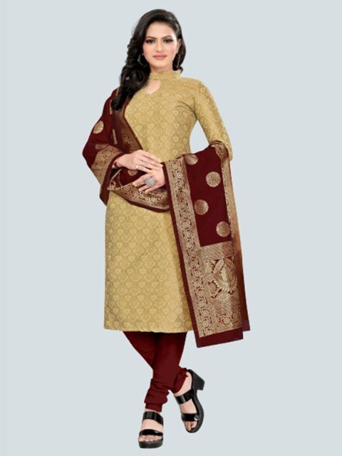 

MORLY Beige & Maroon Dupion Silk Unstitched Dress Material