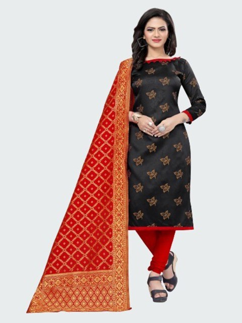 

MORLY Black & Red Dupion Silk Unstitched Dress Material