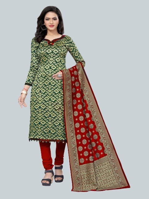 

MORLY Green & Red Dupion Silk Unstitched Dress Material