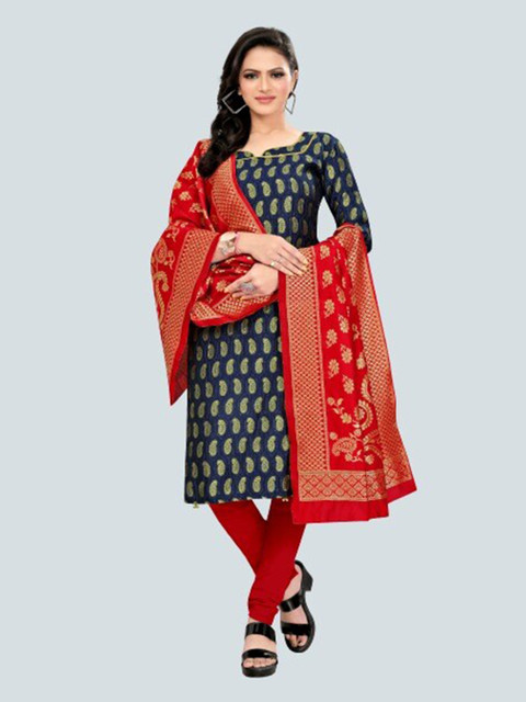 

MORLY Women Navy Blue & Red Dupion Silk Unstitched Dress Material