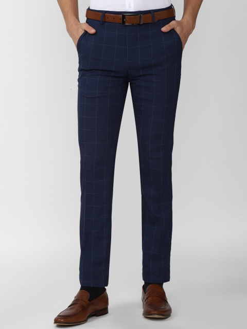 

Peter England Men Cotton Navy Blue Checked Slim Fit Formal Trousers