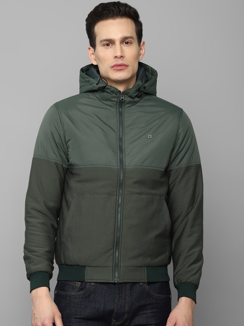 

Louis Philippe Jeans Men Olive Green Colourblocked Crop Bomber Jacket
