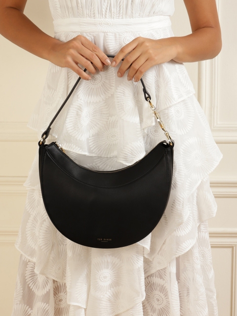 

Ted Baker Black Textured Leather Half Moon Hobo Bag with Cut Work