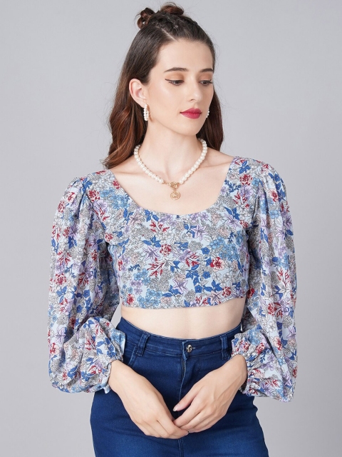 

Cation Blue Floral Print Georgette Crop Top