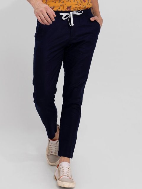 

Snitch Men Navy Blue Solid Linen Slim Fit Trousers