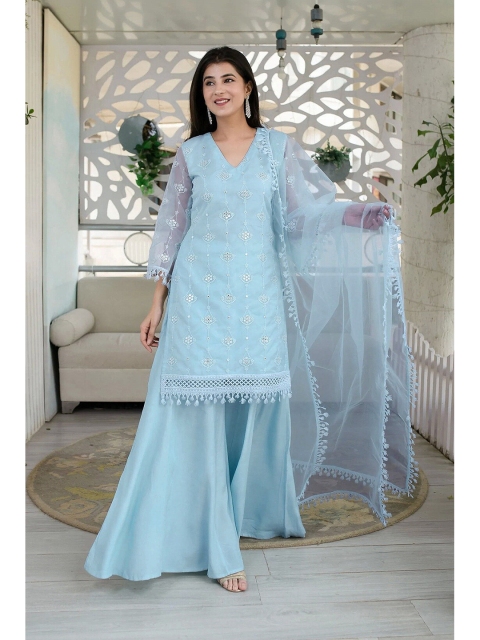 

Ethnic Yard Women Blue & Silver-Toned Embroidered Semi-Stitched Dress Material