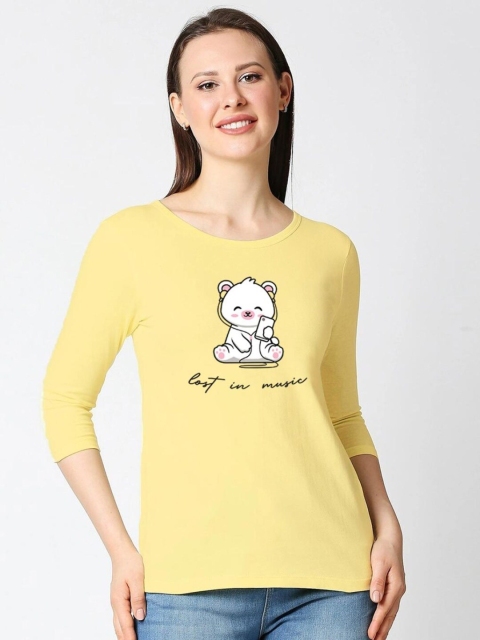 

Bewakoof Women Yellow Printed Extended Sleeves Pure Cotton T-shirt
