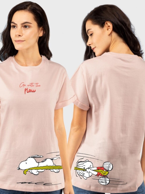 

Bewakoof Women Pink Printed Extended Sleeves Pure Cotton Loose T-shirt
