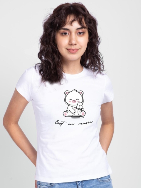 

Bewakoof Women White Printed Extended Sleeves Pure Cotton T-shirt