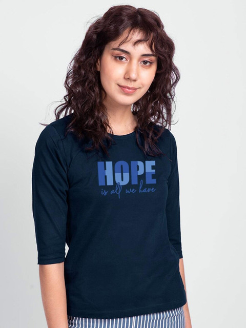 

Bewakoof Women Blue Typography Printed Pure Cotton Slim Fit T-shirt