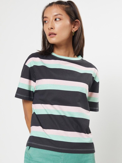 

Bewakoof Women White & Sea Green Striped Pure Cotton Loose T-shirt