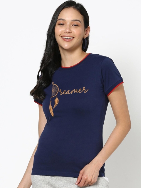 

Bewakoof Women Blue Typography Printed Pure Cotton T-shirt