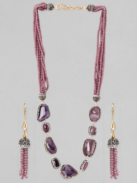 

Rubans Women Gold-Plated Purple & White Stone Studded & Beaded Hnadcrafted Jewellery Set