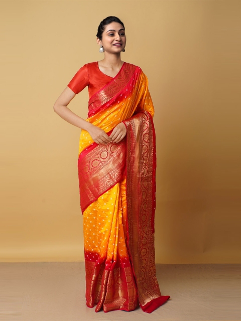 

Unnati Silks Red & Orange Woven Design Zari Pure Silk Kanjeevaram Saree