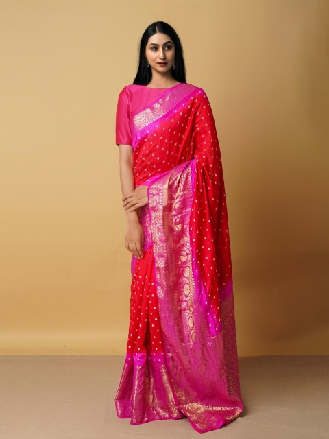 

Unnati Silks Red & Pink Woven Design Zari Pure Silk Kanjeevaram Saree