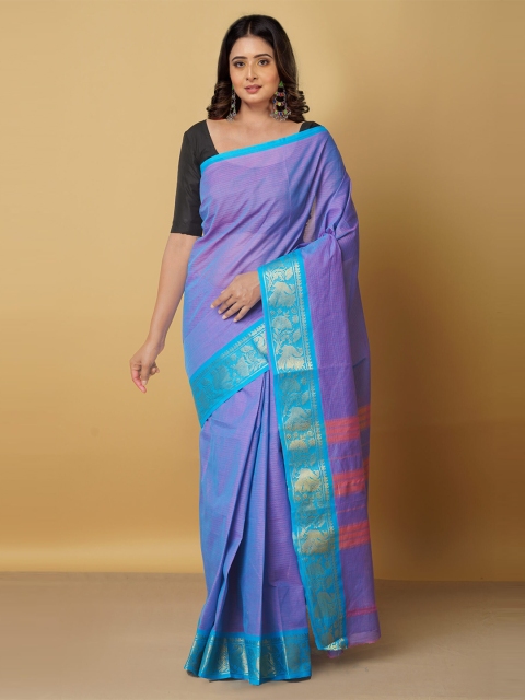 

Unnati Silks Blue & Purple Woven Design Zari Pure Cotton Venkatgiri Saree