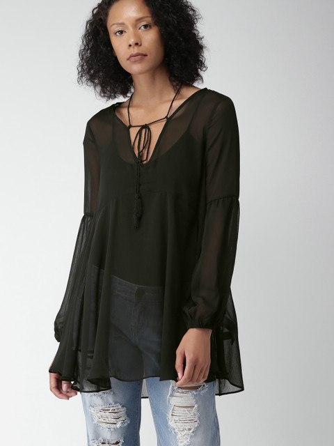 

FOREVER 21 Women Black Solid Sheer Top