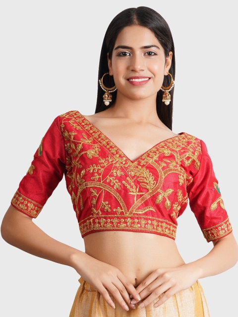 

Trendzmy Women Red Embroidered Silk Saree Blouse